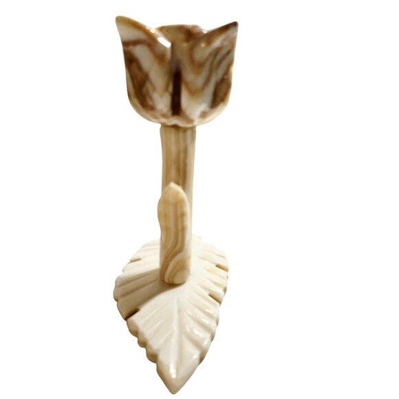Vintage Beige and Brown Onyx Tulip Flower Candlestick Holder with Leaf Base - Picture 3 of 10